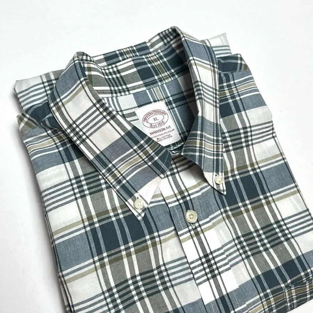Brooks Brothers Casual Shirt Button Down Cotton Plaid White Gray Madison Fit XL